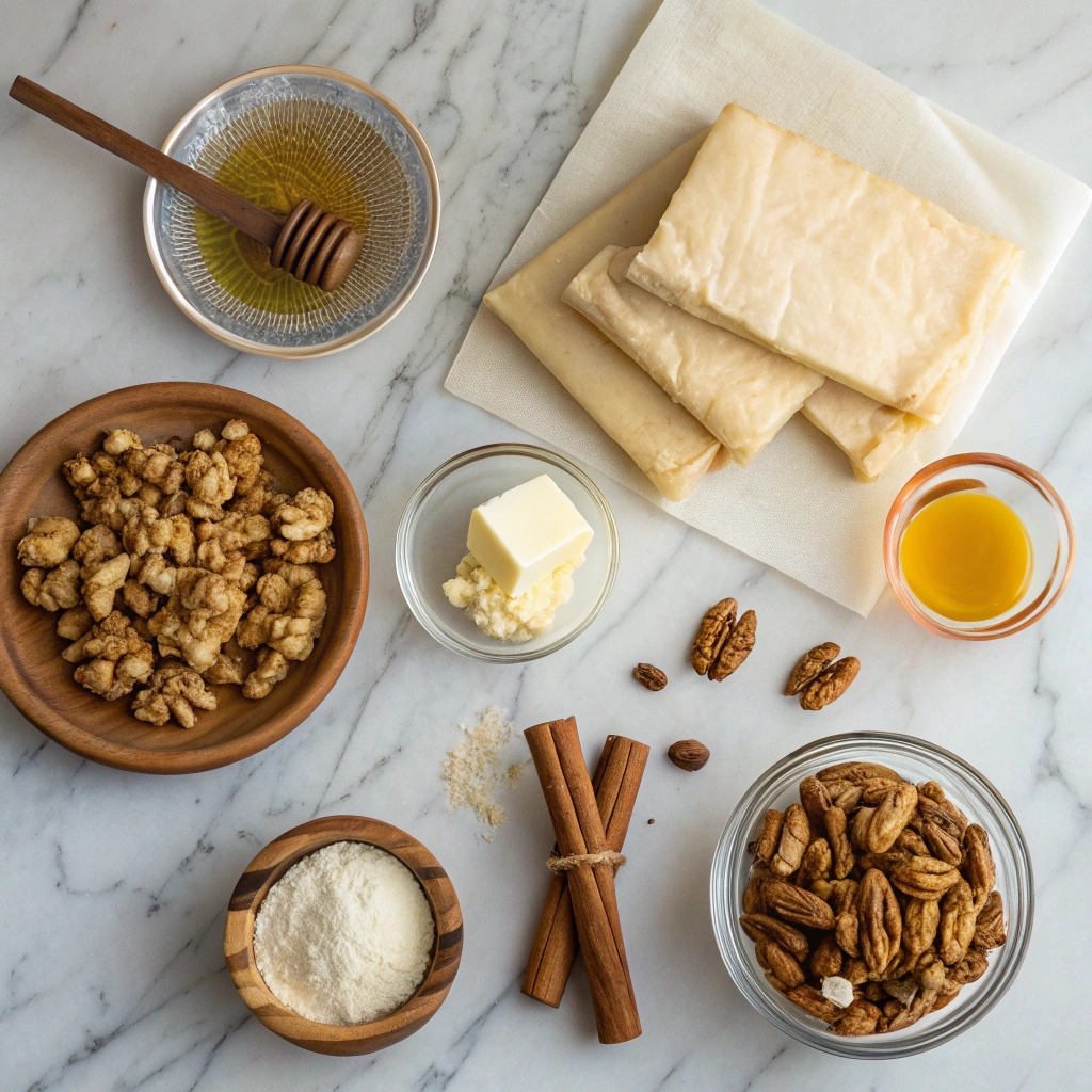 Greek Dessert Recipes That Warm the Soul and Taste Like Home 8 Baklava ingredients laid out for Greek dessert