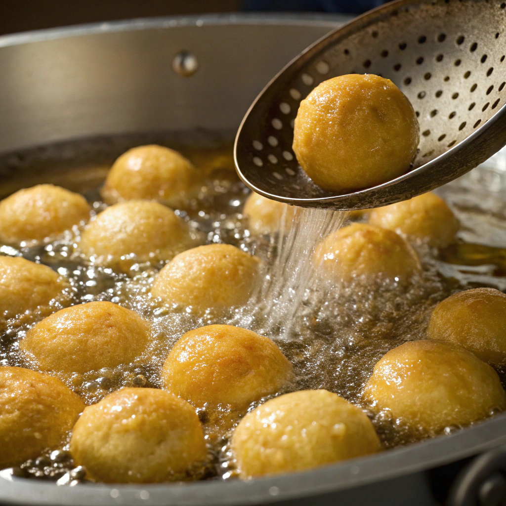 Greek Honey Donuts Recipe That Tastes Like Home 8 Fried honey puffs turning golden in hot oil