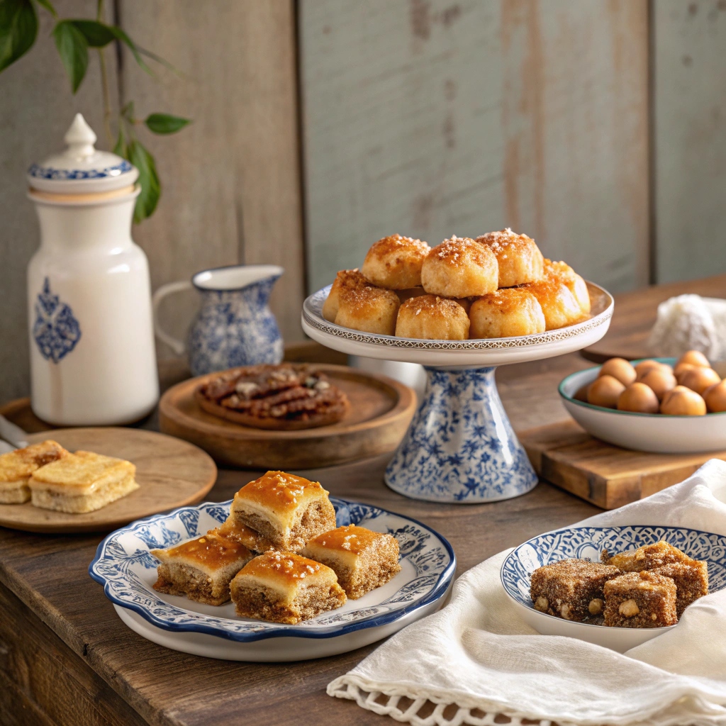 Greek Dessert Recipes That Warm the Soul and Taste Like Home 8 Traditional Greek dessert table featuring baklava, custard pastry, and honey puffs