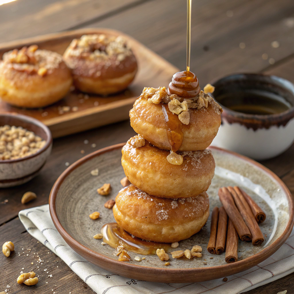 Greek Donuts with Honey: The Irresistible Sweet Treat Loved by Generations 6 greek donuts with honey topped with walnuts and cinnamon