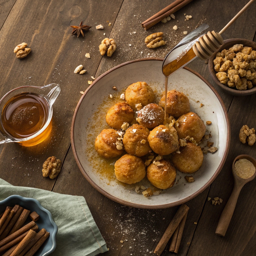 Greek Honey Donuts: A Traditional Treat That’s Crispy, Sweet, and Addictive 6 Greek honey donuts on rustic Greek table with honey and nuts