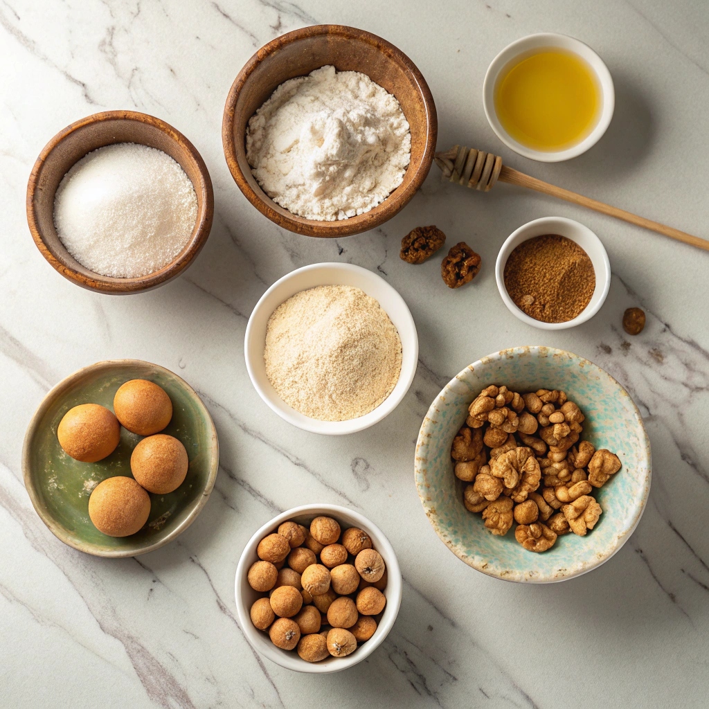 Greek Honey Donuts: A Traditional Treat That’s Crispy, Sweet, and Addictive 8 Ingredients for Greek honey donuts on marble counter