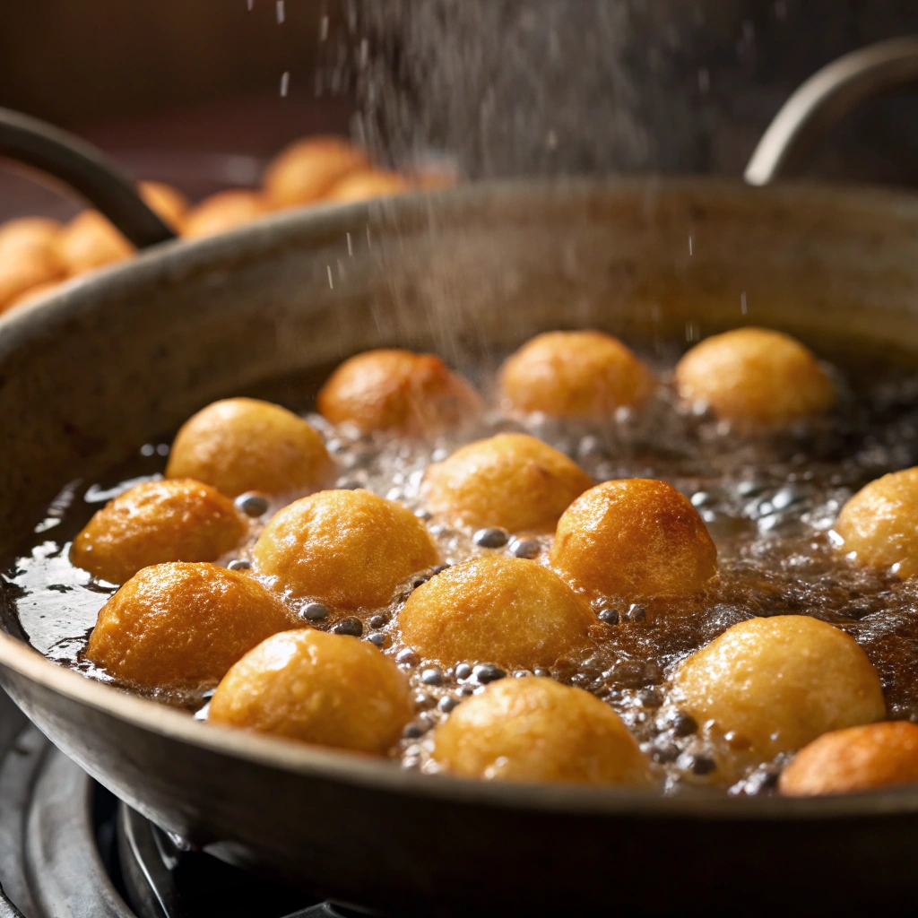 Greek Honey Donuts: A Traditional Treat That’s Crispy, Sweet, and Addictive 9 Loukoumades frying in hot oil until golden brown