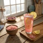 Glass of pink salt recipe trick on wooden counter