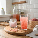 Pink salt trick recipe in a hydration glass on table