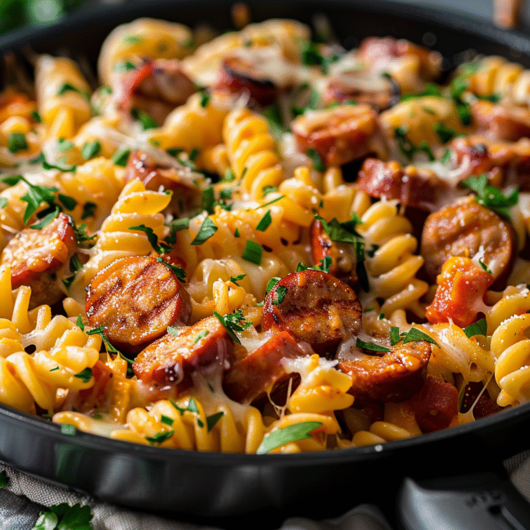 One Pan Cheesy Smoked Sausage & Pasta