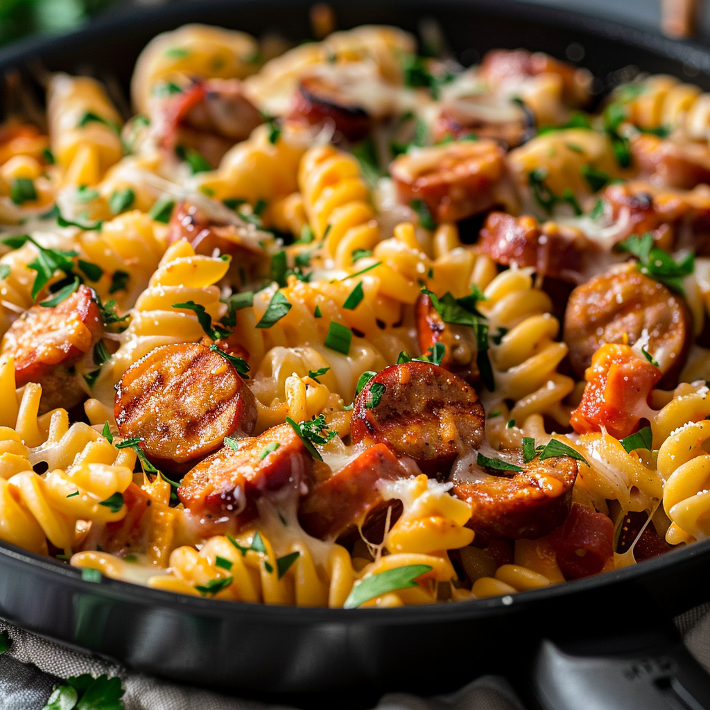 One Pan Cheesy Smoked Sausage & Pasta