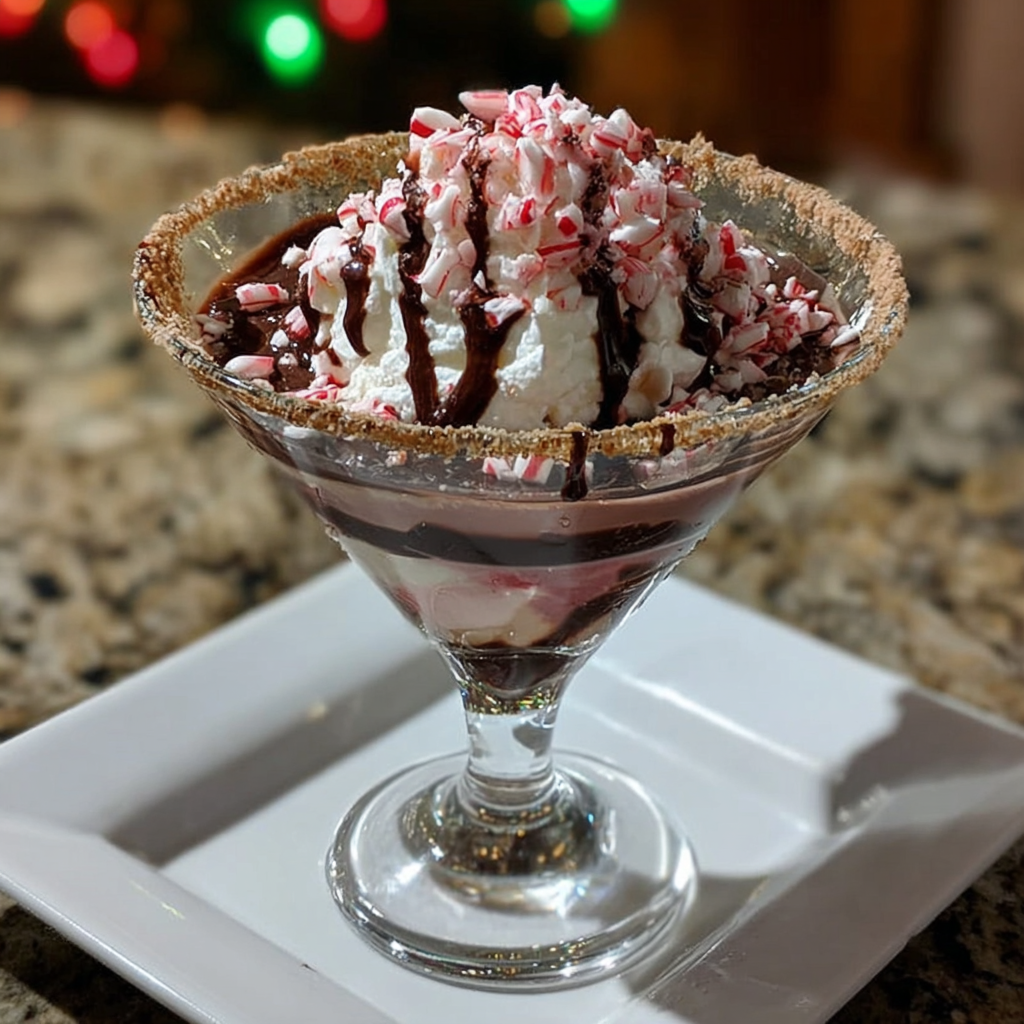 Hero image of Chocolate Peppermint Cheesecake Martini: Festive Holiday Cocktail, a finished Chocolate Peppermint Cheesecake Martini served fresh and appetizing.