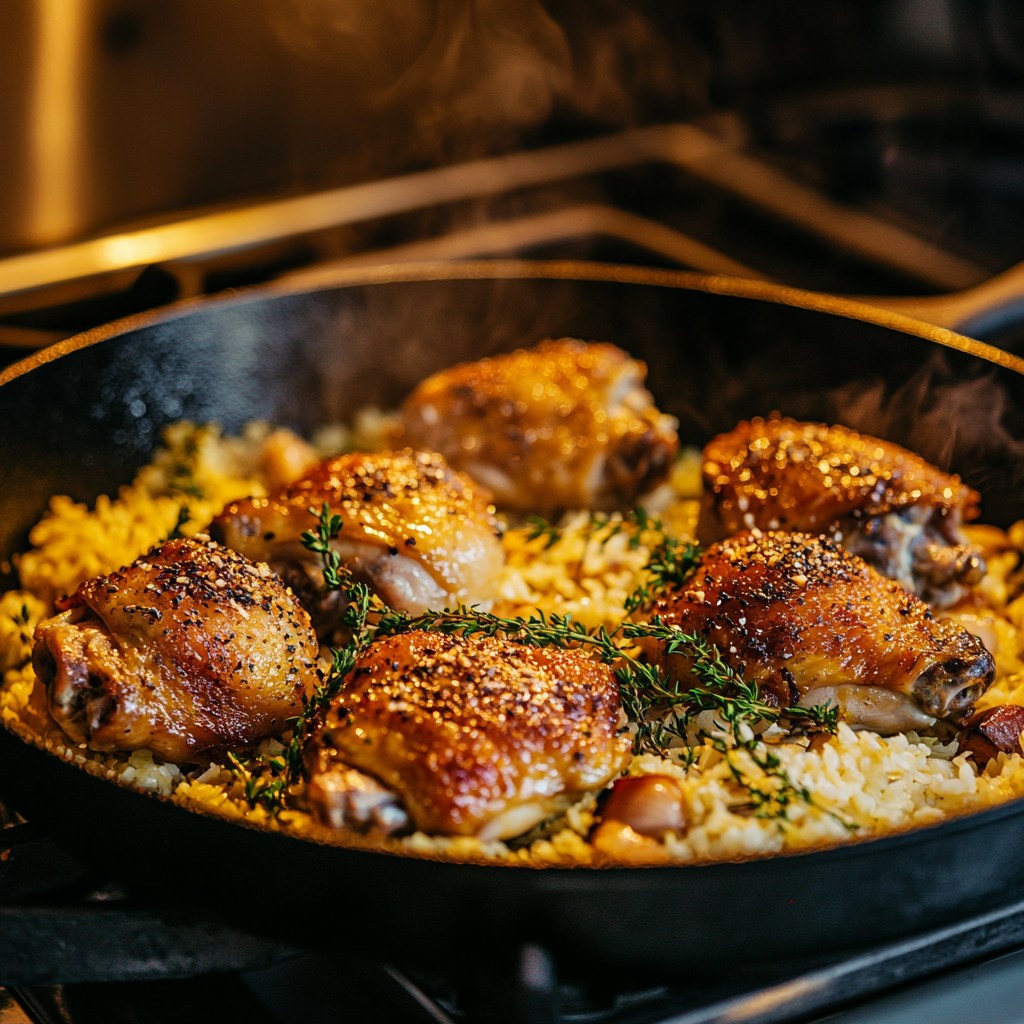 Caribbean Chicken and Rice: The Ultimate Tropical Comfort Food Guide 8 Caribbean chicken cooking in a skillet with rice and herbs