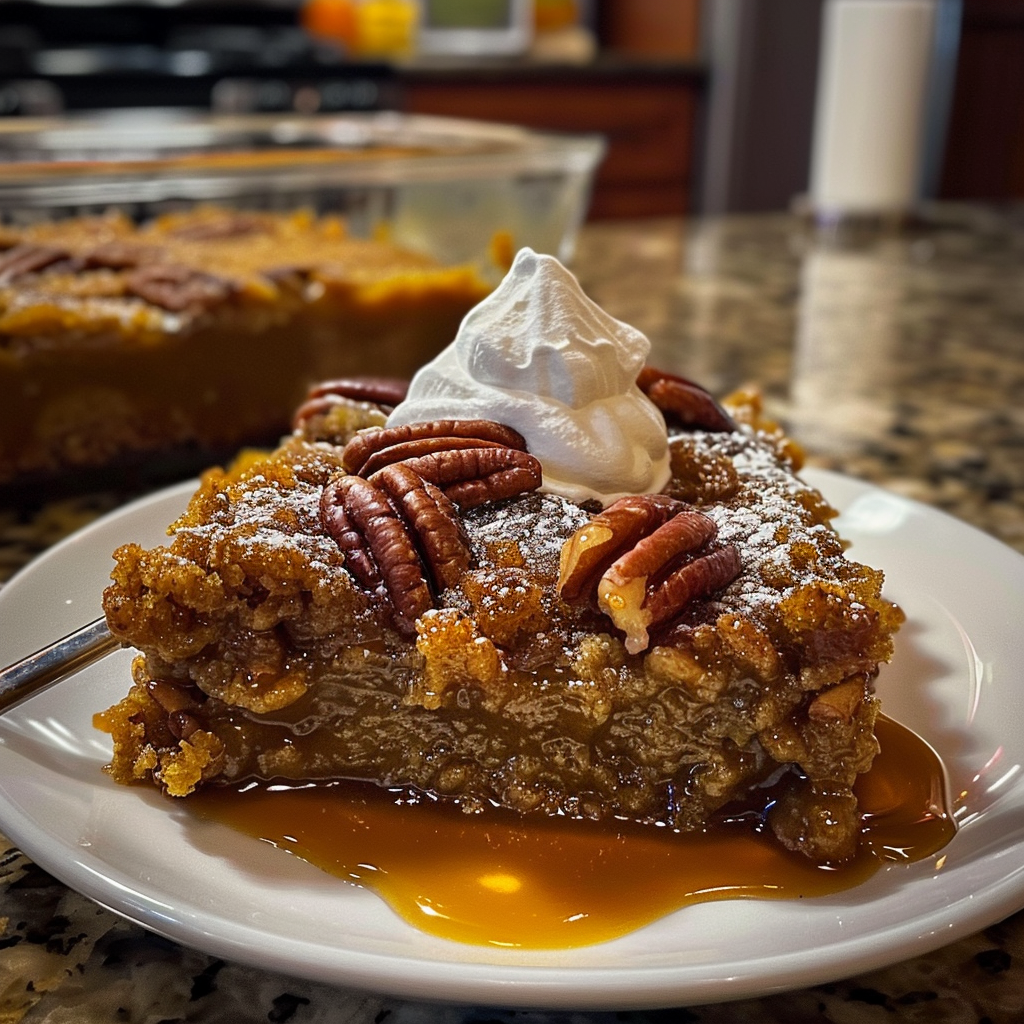 Pumpkin Pecan Cobbler – Warm, Gooey Fall Dessert Everyone Loves, a finished Pumpkin Pecan Cobbler served fresh and appetizing.